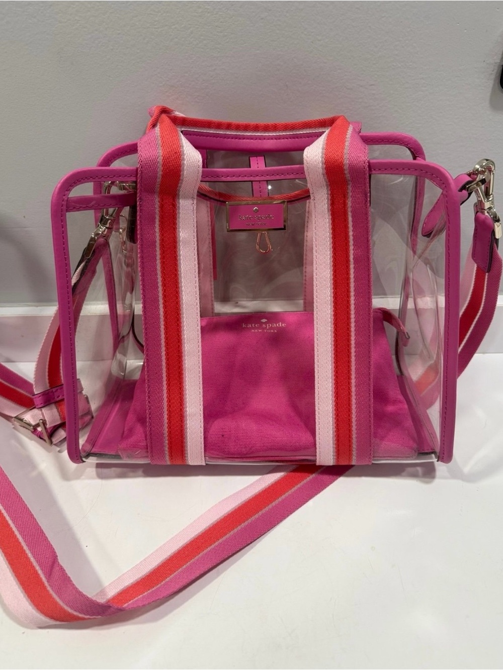 kate spade Pink Clear Tote with Pink-Red Striped Webbing